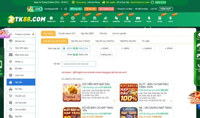 Hướng Dẫn Nạp Tiền TK88 Nhận Ngay 100% Thưởng Chào Mừng 2 Giao diện nạp tiền TK88